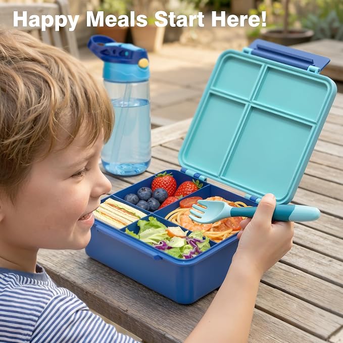 HOMEKOL Bento Lunch Box Set for Kids, Blue | with Stainless Steel Insulated Food Jar, Plastic Water Bottle, Bag and Silicone Spoon and Fork for Boys Girls