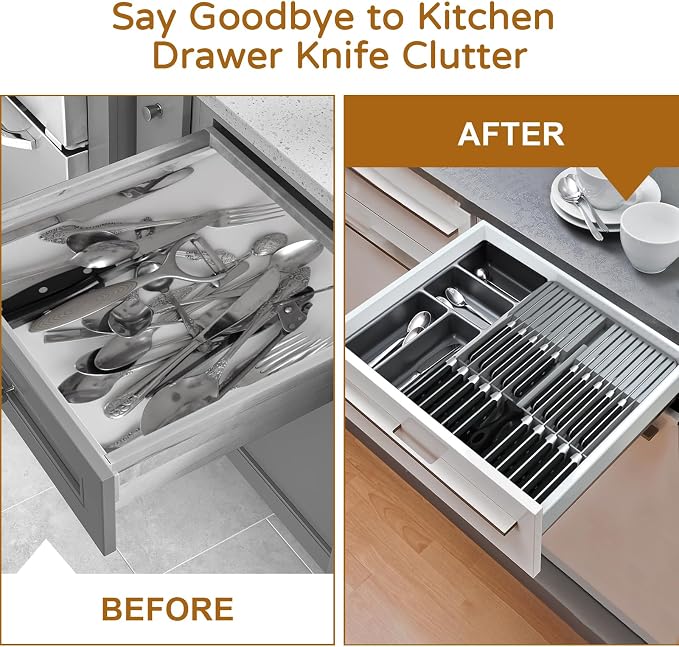 NIUXX Knife Drawer Organizer, Large Capacity In-Drawer Knife Block Set | Holds 20 Knives and 1 Sharpening Steel (Not Included), Suitable for Knife Organizer for Kitchen Drawer