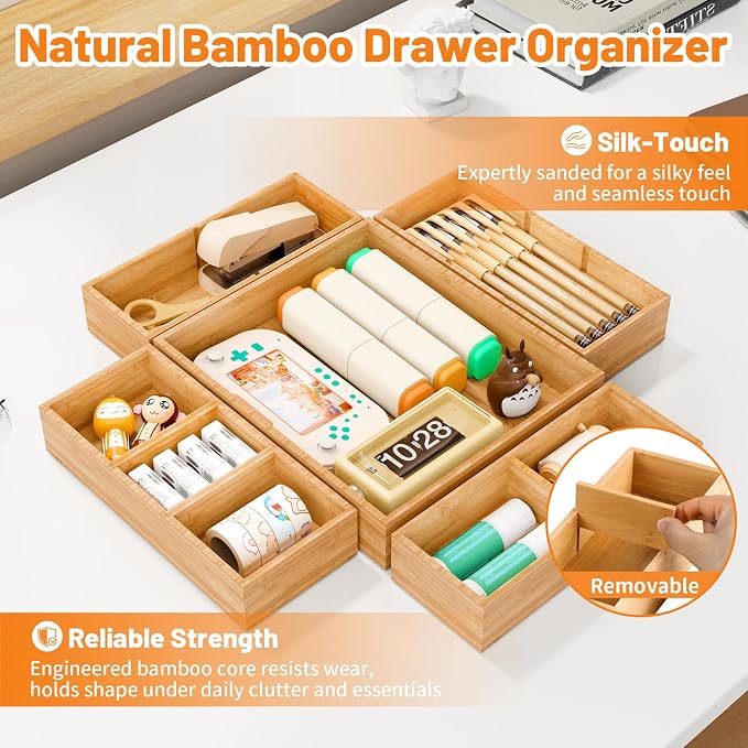 Bamboo Drawer Organizer, 10-Piece Stackable Trays with Removable Dividers | Junk drawer organizer, assorted tray sizes, 10-22 customizable compartments, nestable, kitchen utensils, bathroom, office