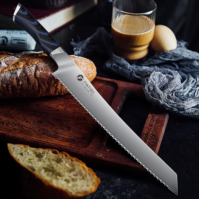 FINTISO Bread Knife10 Inch, Serrated Bread Cutter,2026 New UpgradeJapanese High Carbon Bread Knife,Ergonomic G10 Grip Homemade Bread/Sourdough/Bagels/Cake