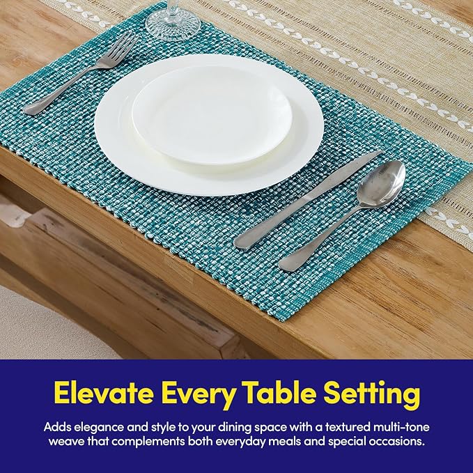 Sweet Home Collection 100% Cotton Placemats for Dining Room Rectangle Two Tone Woven Fabric 13" x 19" Soft Durable Table Mat Set, Set of 6, Turquoise