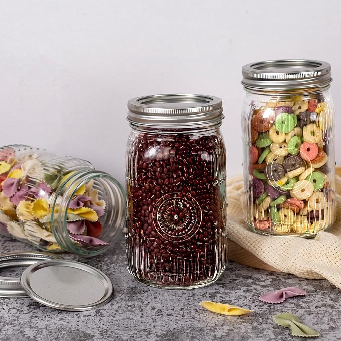 Amzcku 32 oz Vintage Mason Jars with Lids, Regular Mouth Canning Jar, Safe For Storage, Canning, Pickling, Preserving, Fermenting, DIY Crafts & Decor 4 Pack