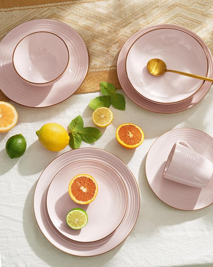 Famiware Jupiter Stoneware Dinnerware Sets for 8, Rimmed Plates and Bowls | 24-Piece Ceramic Speckled Dish Set, Chip & Scratch Resistant, Microwave & Dishwasher Safe, Rustic Modern Style, Neutral Pink