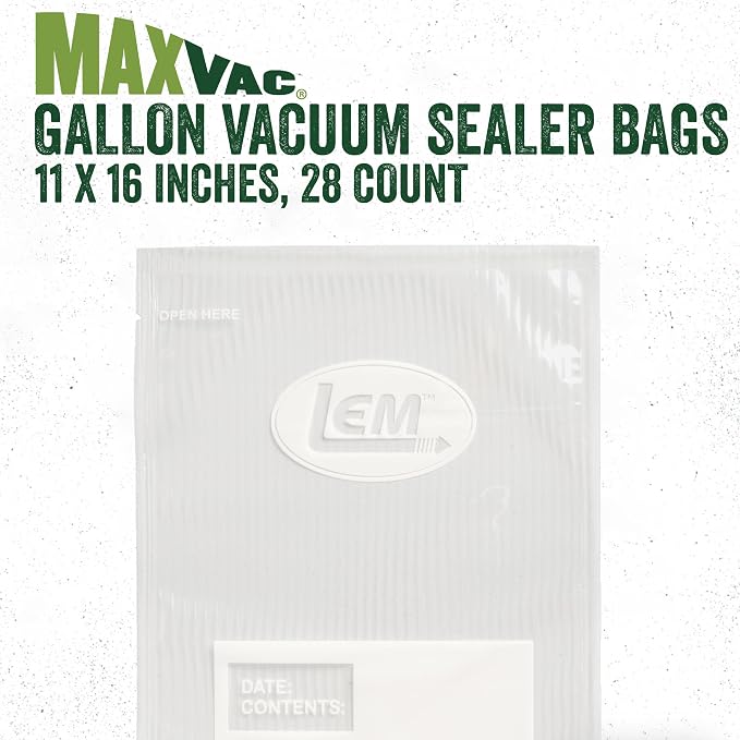 LEM Products MaxVac Gallon Vacuum Sealer Bags, 11" x 16", 100 Count | Puncture Resistant, Compatible with Major Vacuum Sealer Brands, Helps Prevent Freezer Burn and Preserves Freshness and Flavor