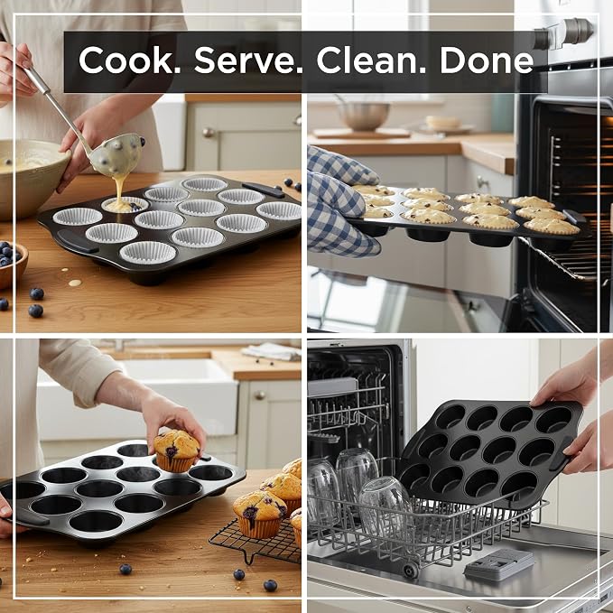 Wrenbury Muffin Pan 12 Cup Non-Stick – Deep Yorkshire Pudding Tin | PTFE & PFOA Free Carbon Steel, Warp Resistant Baking Tray for Evenly Baked Cupcakes