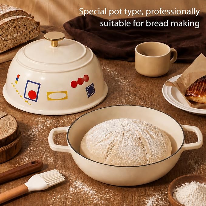 CAROTE Cast Iron Dutch Oven Pot with Lid, 5QT Round Bread Oven, Bonjour | Homemade Sourdough Bread Baking, Healthy & Non-Toxic, Dual Handles, All Stovetop Compatible, Oven Safe up to 500° F