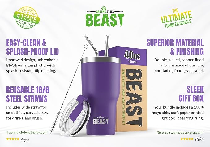 Beast 40 oz Tumbler Stainless Steel Vacuum Insulated Coffee Ice Cup Double Wall Travel Flask (Purple)