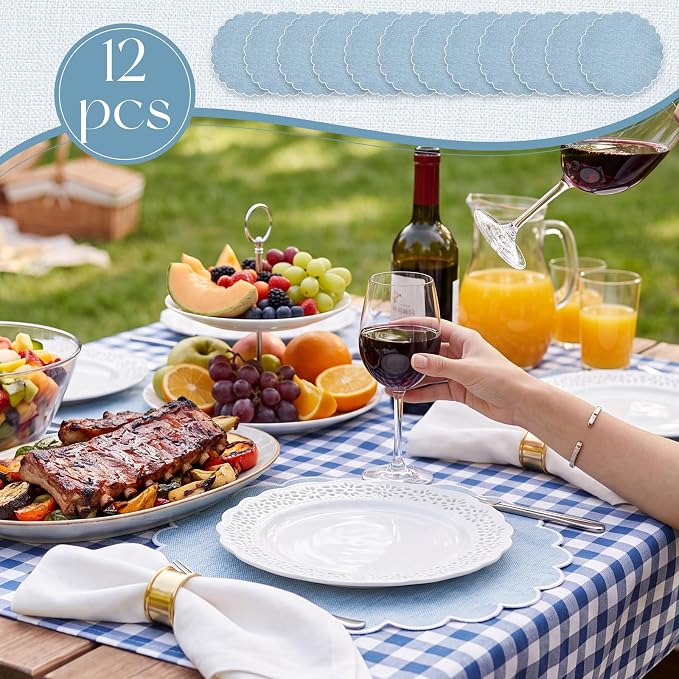 Set of 12 Gray Blue Cotton Placemats 15" Round Scalloped White | Double Layered Cotton Fabric, Washable Embroidery, White Edge Edge, Rustic Table Mats for Wedding Dining Table Decor