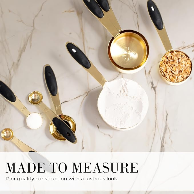 Styled Settings Black and Gold Measuring Cups and Spoons Set, 8-Piece | Stainless Steel, 8-Piece Brass Measuring Set with Beige Silicone, Stackable, Black and Gold Kitchen Accessories