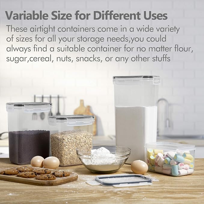 Airtight Food Storage Containers with Lids, 8 PCS | BPA-Free Kitchen Organizers with Lids, For Flour, Sugar & Cereal, Plastic Dry Food Canisters, Pantry Storage
