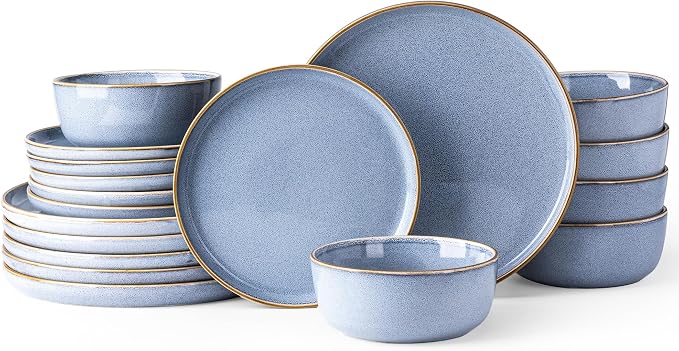 GBHOME Dinnerware Sets for 6, 18 Pieces Ceramic Plates and Bowls Set | Scratch Resistant Stoneware Dishes Set, Dishwasher & Microwave Safe, Reactive Glaze-Vista Blue