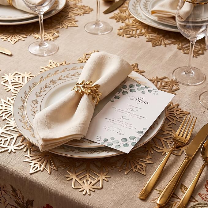 ADRIMER Snowflake Placemats Set of 12, Gold Vinyl Table Mats 15 Inch | Easy to Clean Placemat, Heat Resistant Hollow Wipeable Table Placemats for Thanksgiving Christmas Wedding Holiday Decor