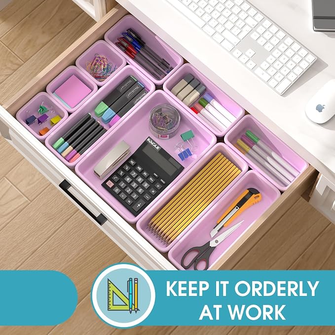 10 PCS Drawer Organizer Set, 4 Size Makeup Drawer Divider Organizer With Non-Slip Pads, Interlocking Plastic Storage Bins for Office,Jewelry Vanity,Gadgets, Bathroom,Kitchen, Purple