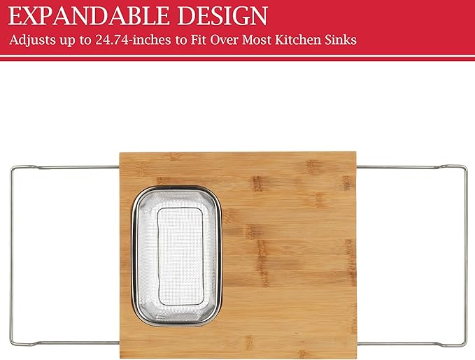 Classic Cuisine 2 in 1 Cutting Board with Strainer, Natural, 13.2” x 11.5” | Adjustable Bamboo Chopping Board with Removable Stainless Steel Colander for Over the Sink