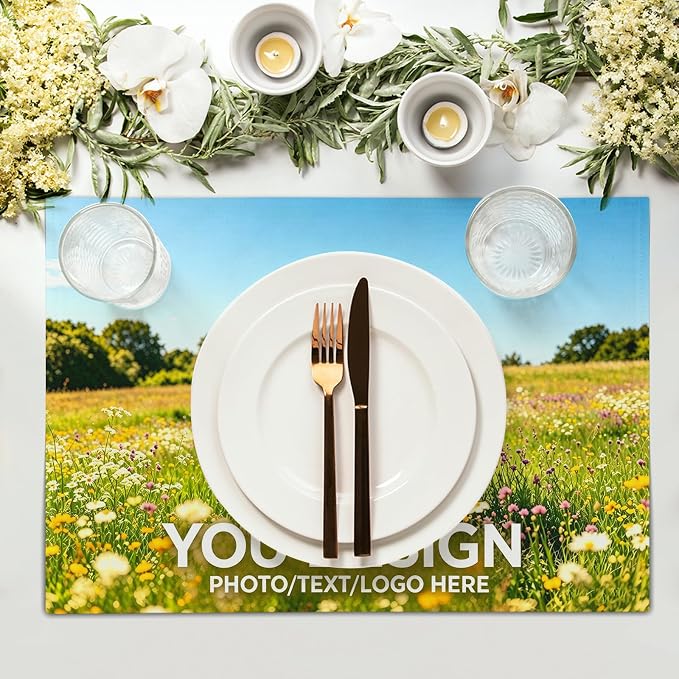 Custom Placemats Set of 6 18x12 Inch Linen Place Mats Heat-Resistant Washable Wipeable Green Table Mat for Party Kitchen Dining Room Dinner Table Decor