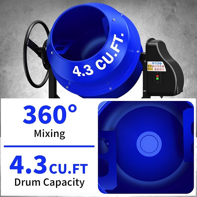 120L Electric Cement Mixer, 4.3 Cubic Ft. 450W 3/5HP Portable Concrete Mixer Machine with Stand And Wheels for Stucco, Mortar, Seeds, Blue-2026 Upgraded