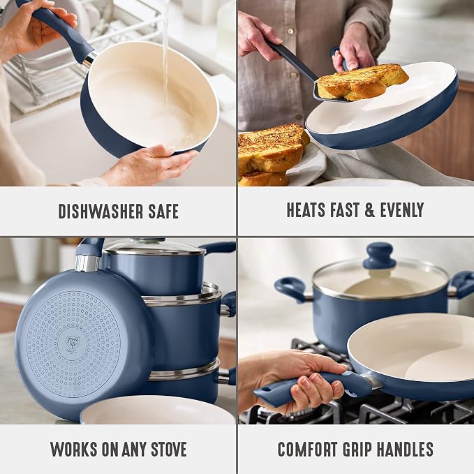 GreenLife 16pc Ceramic Nonstick Pots & Pans Cookware Set, Slate Blue | PFAS-Free Nonstick Coating, Stockpot, Frying Pans, Saucepan, Sauté, Induction Ready, All Stovetop Compatible, Dishwasher Safe