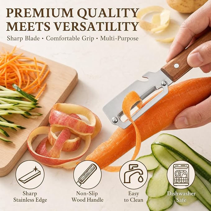 Upgrade Vegetable Peeler and Julienne Peeler Set, 2-Pcs Multifunctional Stainless Steel Veggie Peelers for Kitchen with Wood Handles & Built-in Bottle Opener, Sharp Potato, Carrot & Scallion Shredder