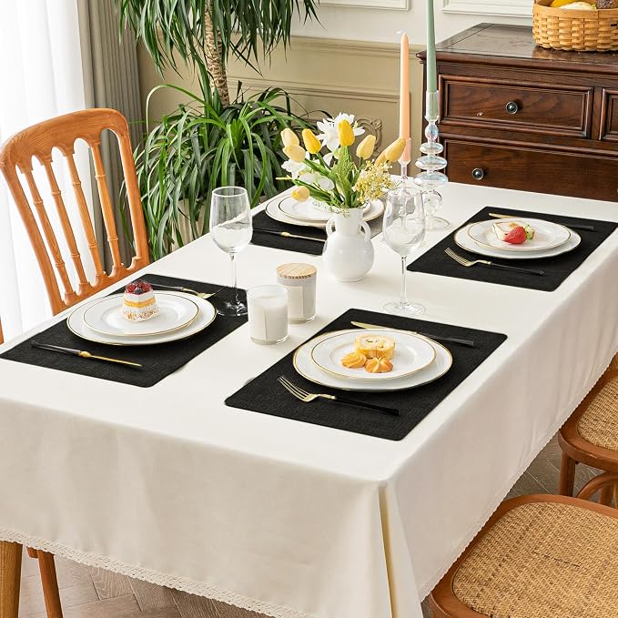 Romanstile Vinyl Placemats Set of 6, Reversible Faux Leather Heat Resistant Wipeable Table Mats, Waterproof Washable Non-Slip Table Placemats for Dining/Kitchen/Party/Outdoor (Black, 12" x 17")