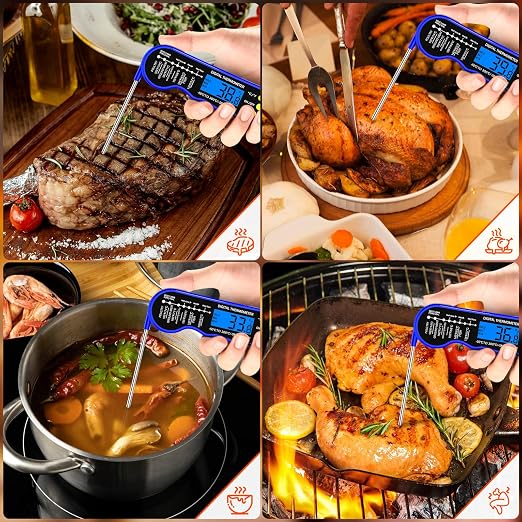 TRAUSI Instant Read Meat Thermometer, Fast & Accurate Digital Food Thermometer with Backlight, Waterproof & Magnet for Grilling, Cooking, BBQ, Smoker, Baking, and Candy Making Blue