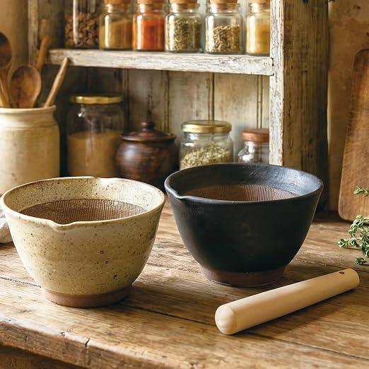 Asayu Japanese Ceramic Black Mortar Bowl with Wooden Pestle 6.3 in (160 mm), Made in Japan Dishwasher and Microwave Safe Ripple Ridge Suribachi and Sukirogi Set