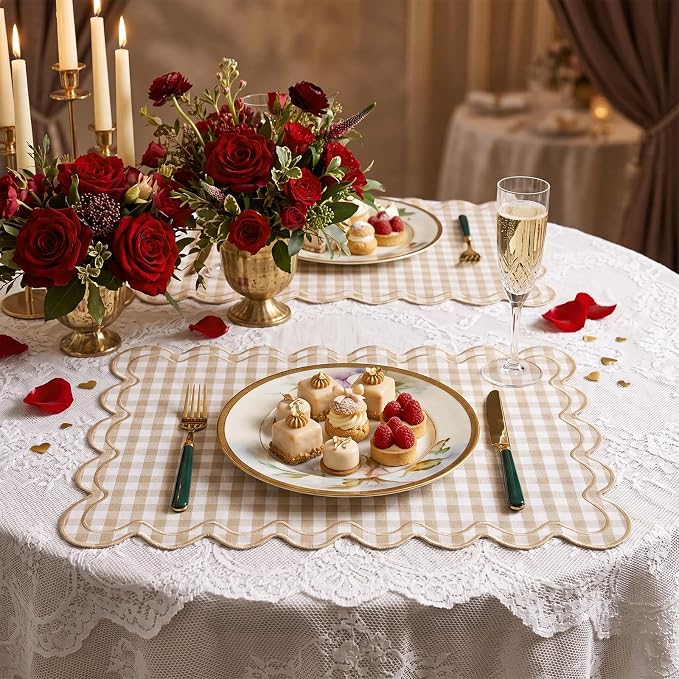 Linen Placemats Set of 12 Scalloped Placemat 13 X19 Wavy Embroidery Double Layered Washable Farmhouse Dinner Fabric Table Mat Napkin for Wedding Party Restaurant(Plaid,Khaki)