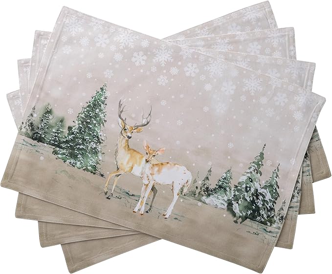 Maison d' Hermine Placemats Set of 4 Reusable 100% Cotton (13"x19") | Cloth Place Mats Washable Table Mats for Kitchen Dining Party Wedding Hotel Home Thanksgiving Christmas - Deer In The Woods