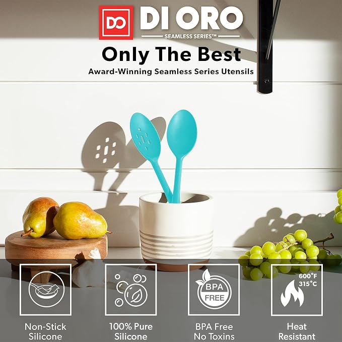 DI ORO Silicone Cooking Spoons - Solid & Slotted Set, 2-Pc Teal | Large heads for mixing, serving, and stirring; Heat-resistant to 600F for nonstick cookware; BPA-free and dishwasher safe