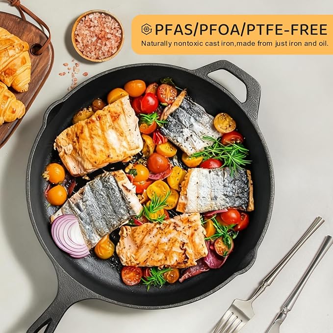EWFEN Cast Iron Skillet 12 Inch, Pre-Seasoned Frying Pan, Heavy-Duty Professional Restaurant Chef Quality Cookware with Drip Spout, Indoor & Outdoor Use, Compatible with Oven, Stove, Grill & Campfire