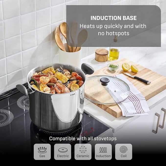 T-fal Specialty Stainless Steel 20-Quart Stock Pot with Lid, Induction Compatible, Soup Pasta Pot, Dishwasher-Safe, Oven Safe Up To 350, Silver