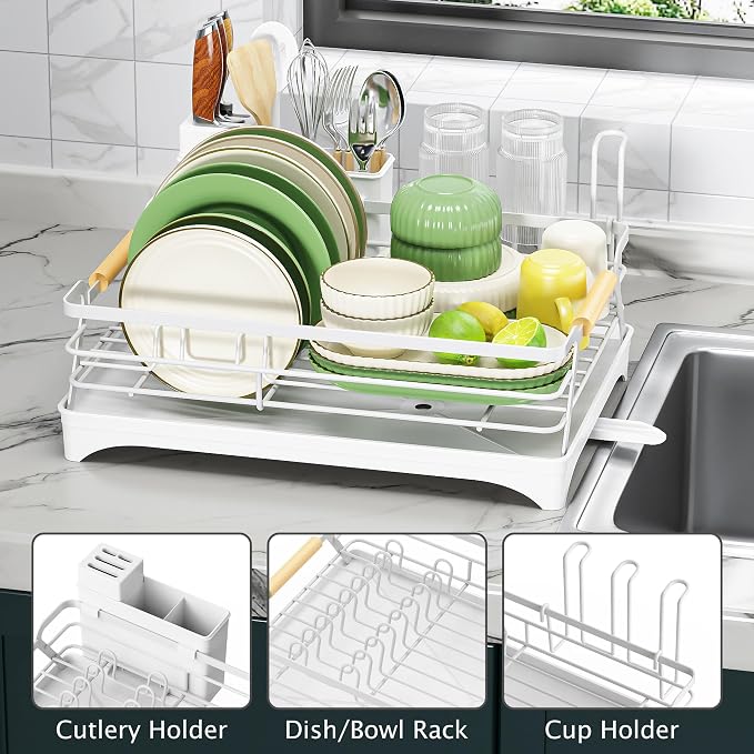 Epicano Dish Drying Rack for Kitchen Counter,Large Capacity,White | Raised Feet,Rustproof,Wooden Handle,Auto-Drainage System,Cup Holder & Knife Slots, Sink Storage Organizer