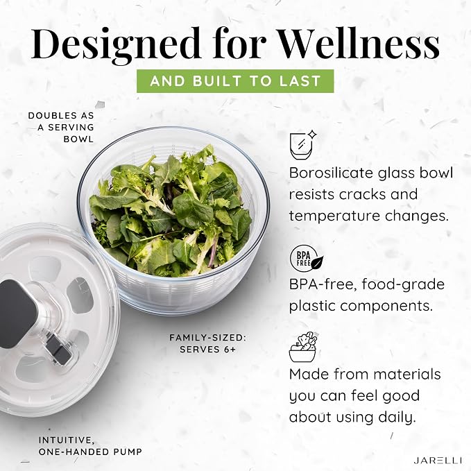 Glass Salad Spinner with Storage Lid, 6 Quart Borosilicate Glass Bowl, Push Button Drying Lid, BPA-Free Draining Basket Doubles as Serving Bowl & Colander, Lettuce, Vegetable, & Fruit Washer