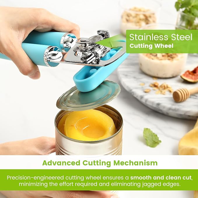 Spring Chef Stainless Steel Manual Can Opener w/Soft Grip Handle, Aqua Sky | Heavy Duty Hand Can Opener for Seniors with Smooth Edge, Easy Turn, 3in1 Can Opener with Magnetic Lid Remover & Bottle Opener