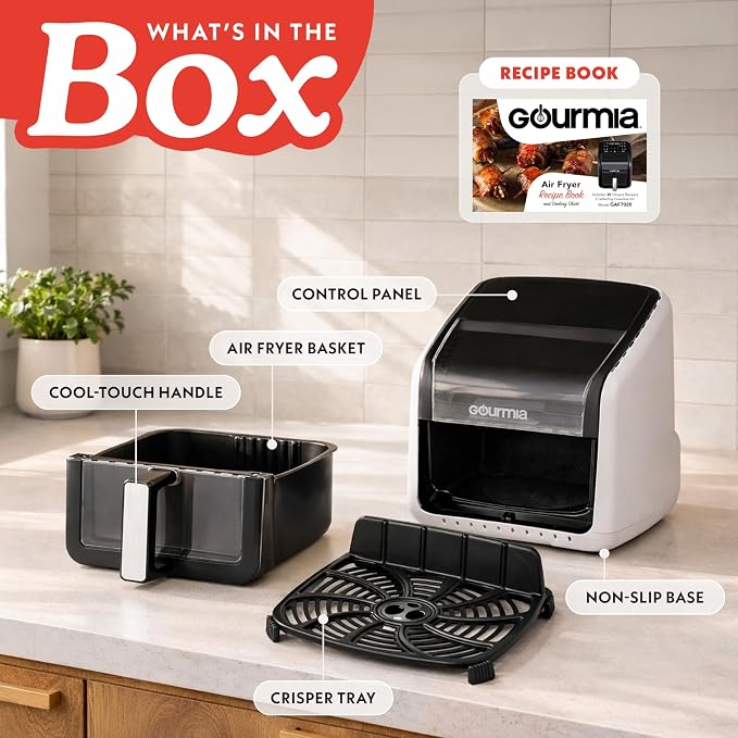 Gourmia Air Fryer 7 QT - Easy View Panorama Window & Interior Light, Guided Cooking with 12 One-Touch Presets, FryForce 360, Dishwasher Safe Accessories, White