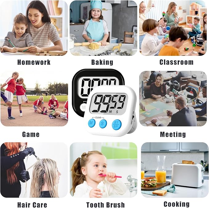 ZILLEEN Classroom Timer for Kids Teachers 2 Pack Digital Timers Black White | Strong Magnetic, Large Screen, Big Button, Teacher Classroom Must Haves Kitchen Timers for Cooking Egg Exercise Study