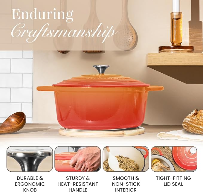 Cast Iron Pot with Lid-Non-Stick Ovenproof Enamelled Casserole Pot, Oven Safe up to 500° F-Sturdy Dutch Oven Cookware - Orange, 5-Quart, 24cm by- Nuovva