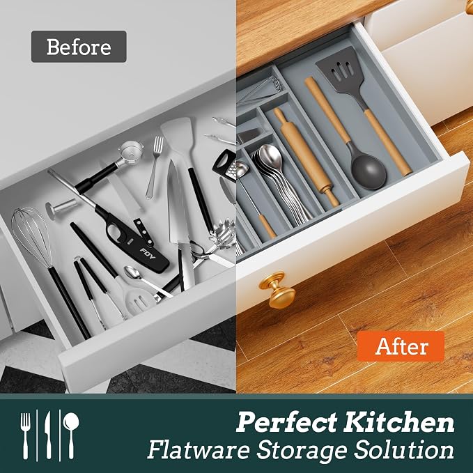 Magnetic Expandable Silverware Drawer Organizer, 13 Slots Utensil Gray | Magnetic Connected, Expandable 21-37.4 Inch, 13 Divided Slots, Gray Cutlery Utensil Organize Kitchen