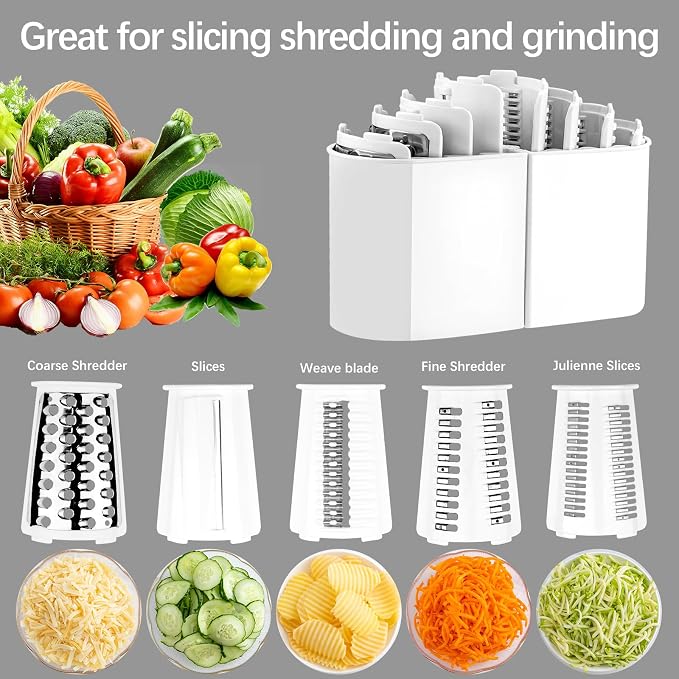 5 in 1 Rotary Cheese Grater Hand Crank, Cheese Shredder with Handle | Replaceable Stainless Blades Cheese Shredder, Cheese Vegetable Slicer, Easy to Clean Kitchen Gadgets with Storage Box