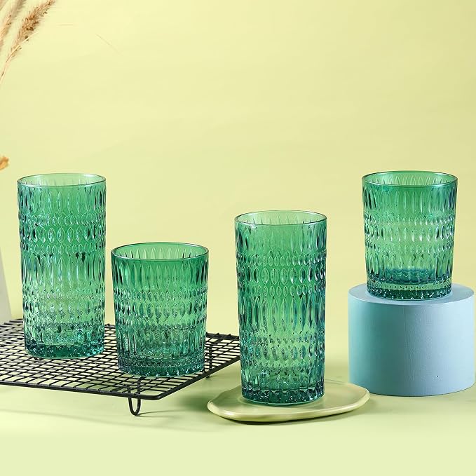 Loivttvv Glassware Drinking Glasses Set of 8, 14 oz Highball Glasses & 10 oz Ribbed Glass Cups, Vintage Glassware for Water, Juice, Cocktail, Whiskey (Dark Green)
