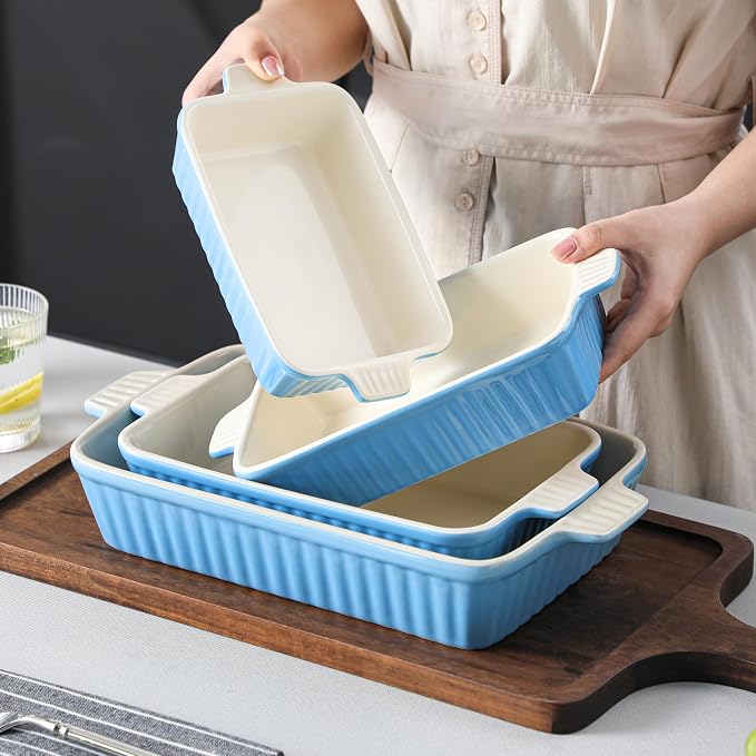 MALACASA Casserole Dishes for Oven, Ceramic Bakeware Set of 4, Blue | Deep Lasagna Pans for Versatile Use, Durable Bakeware for Roasting Vegetable, Gift Set, Dishwasher Safe(9.4/11.1/12.2/14.7")