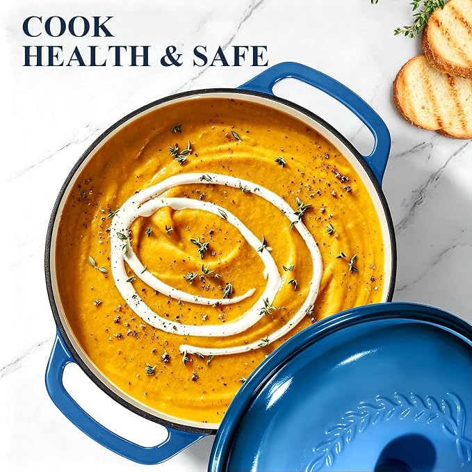 Enameled Cast Iron Dutch Oven - Wildone 6QT Pot with Lid & Cotton Potholders - Oven Safe Enamel Cookware for Bread Baking, Braising, Stews, Roasting, Blue