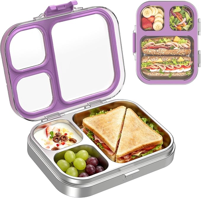 LOHASOK Stainless Steel Bento Lunch Box, 800ml,Purple | 3-Compartment, Leak Proof, Lightweight, Clear Plastic Lid, for Kids Adults, BPA/BPS Free, Dishwasher Safe