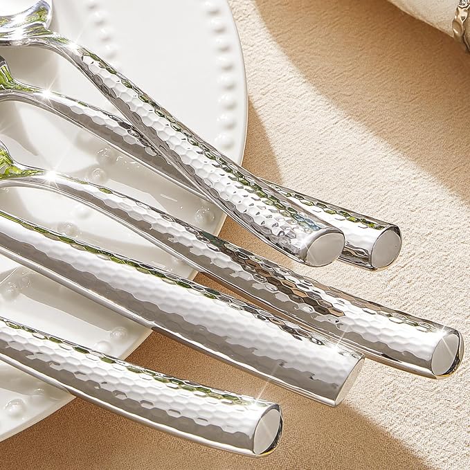 Hammered Flatware Set, 60-Piece 18/10 Stainless Steel Silverware | Heavy Duty Construction, Mirror Polished Finish, Dishwasher Safe, Elegant Utensil Set for Home, Restaurant & Occasions