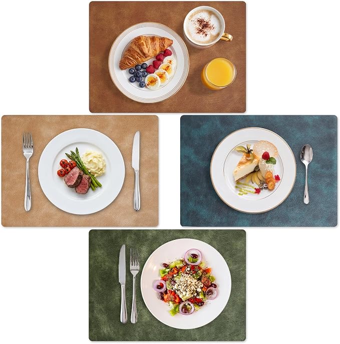 MOSAYT Vinyl Placemats Set of 4-12 X 17 Inch - Faux Leather 100% Waterproof Oil-Proof Wipeable PU Place Mats, Heat Resistant Reversible Table Mats for Kitchen, Dining, Outdoor, Multicolor