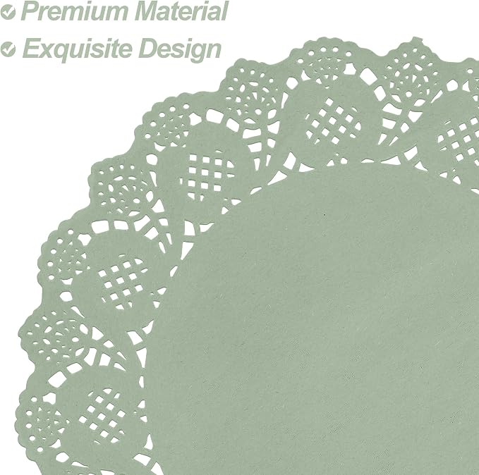 MCEAST 100 Pack Round Sage Green Paper Doilies 13.5 Inches Lace Paper Place Mats Rustic Scallop Doily Disposable Table Pads for Food Cakes Crafts Party Weddings Tableware Decor