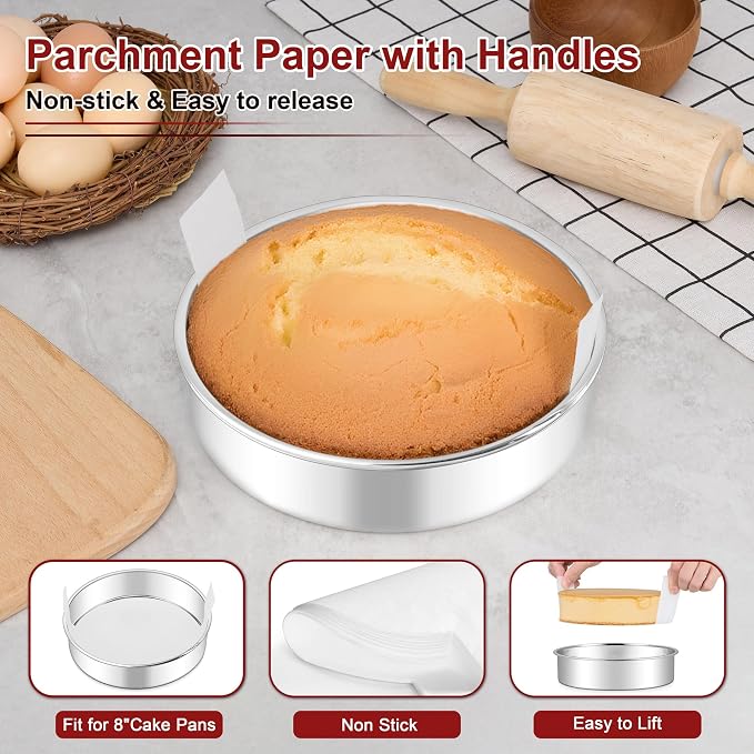 LIANYU 8 Inch Cake Pan Set of 3, Round Baking Pans for Layer Birthday Cake | Non Toxic Stainless Steel, Bakeware Tin with 90 PCS Parchment Paper for Wedding Christmas Party, Leak-proof & Dishwasher Safe