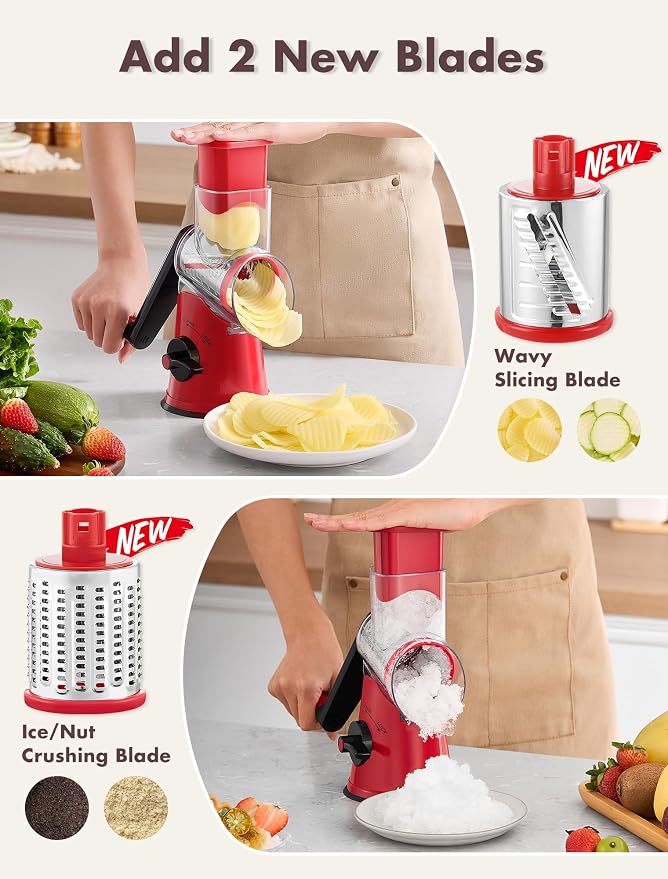GDL Upgraded 5 in 1 Rotary Cheese Grater, Cheese Shredder Vegetable Slicer | 5 Stainless Steel Blades, Non-slip suction base, No BPA, Dishwasher Safe, Wavy Slicing, 12x Faster for Veggie, nut, ice
