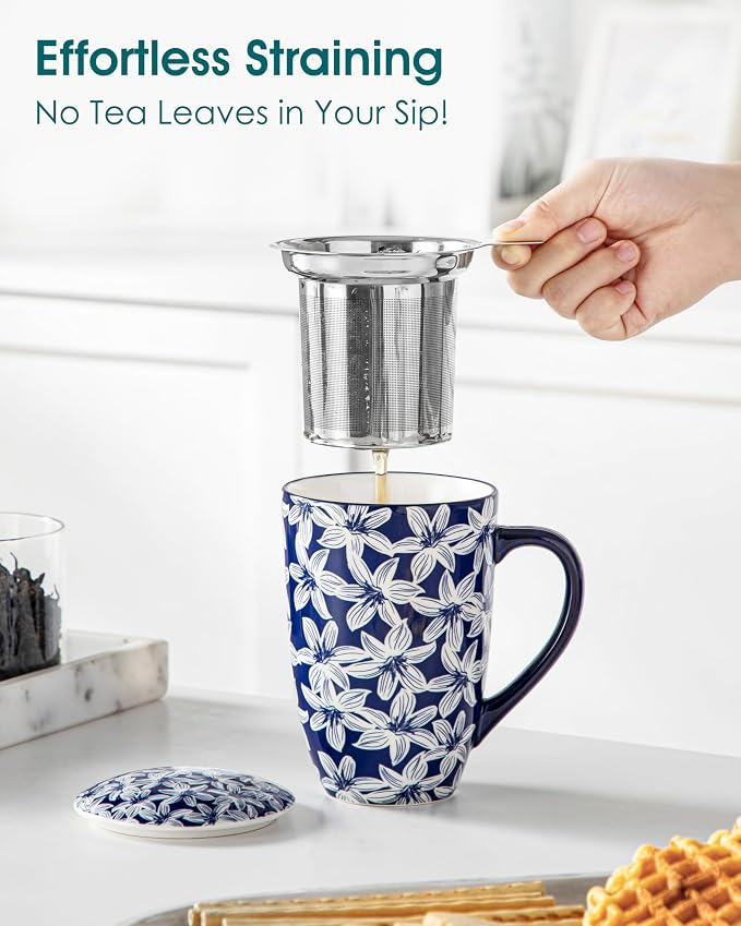vancasso SELENE Porcelain Tea Mug, 18 oz Porcelain Tea Cup with Infuser and Lid Steeps Loose Leaf Tea, Microwave & Dishwasher Safe, Blossom Cluster