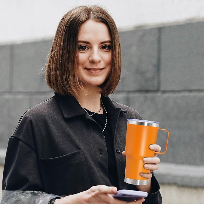20 oz Tumbler with Handle Coffee Tumblers with Lid Travel Mug Orange 6P | 20oz Tumblers with Handle Double-Wall Insulated Vacuum Coffee Mugs Stainless Steel Tumbler with Handles&Lid Orange 6P