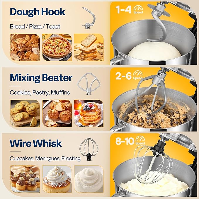 VIVOHOME Stand Mixer, 6-Quart Tilt-Head Kitchen Mixer with Bowl, Gray | 10 Speeds, Dough Hook, Beater, Whisk, Splash Guard, Egg Separator, for Cake & Bread